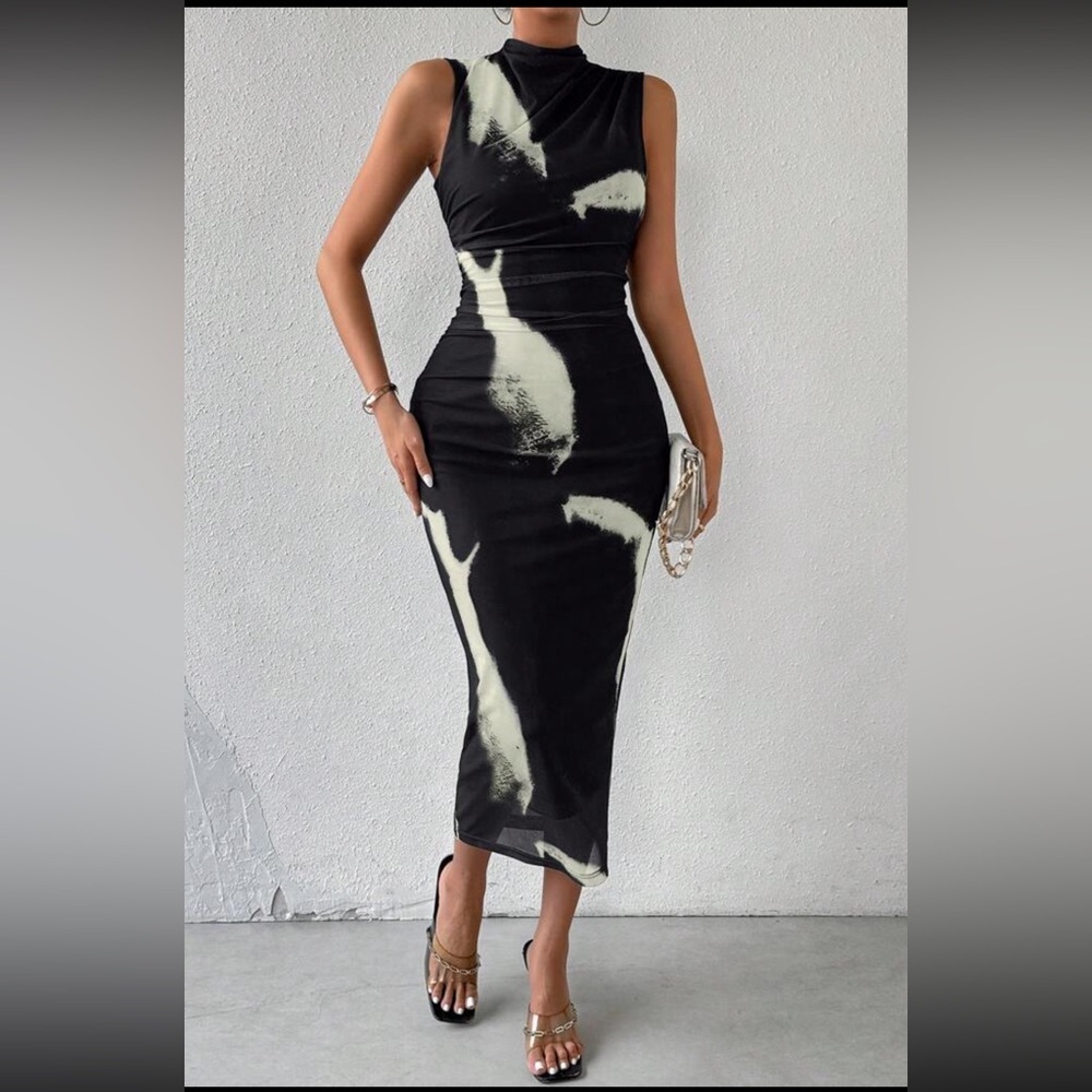 Black White SMALL Summer Tie-Dye Printed Mesh Sleeveless Dress
